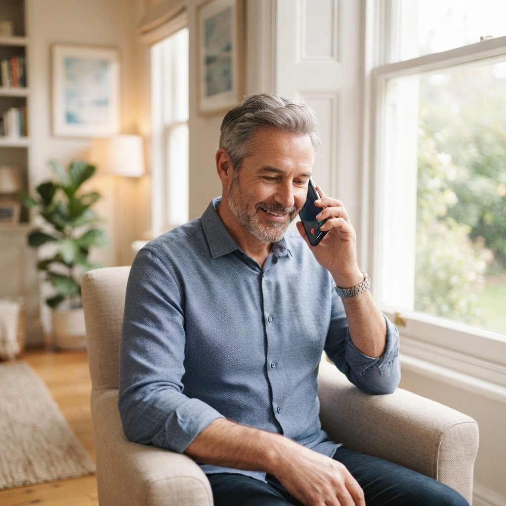A person having a reassuring phone conversation about an online security question