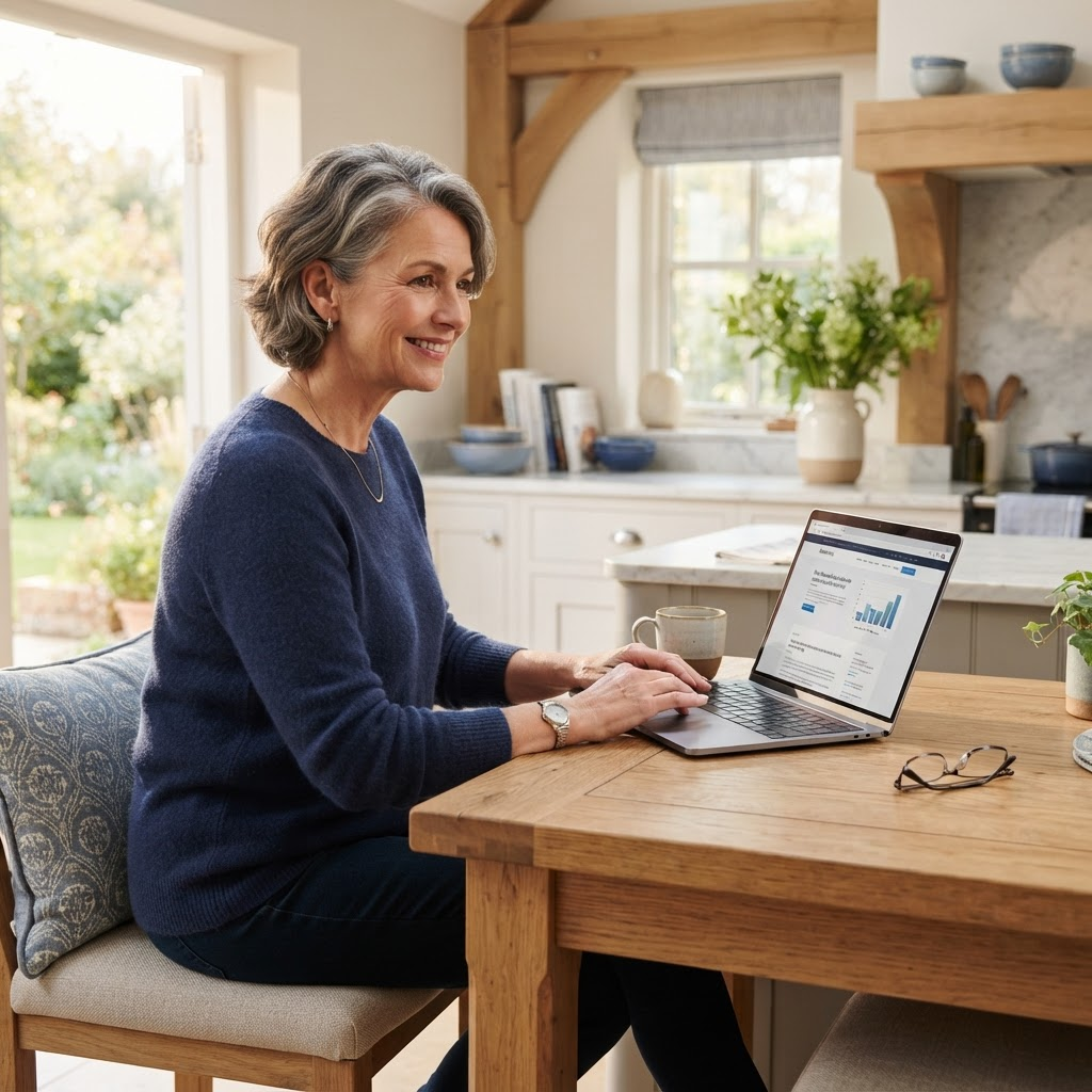 A person comfortably reviewing their online accounts on a laptop at home